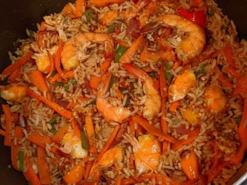 Spicy shrimp fried rice on a pan