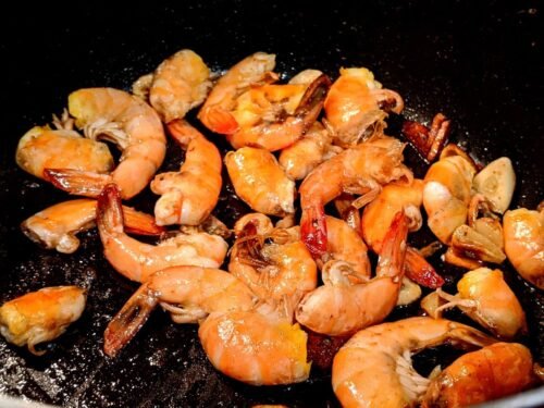 Cooked shrimp in a pan