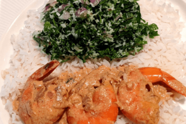 pennywort salad and shrimp curry on a bed of white rice